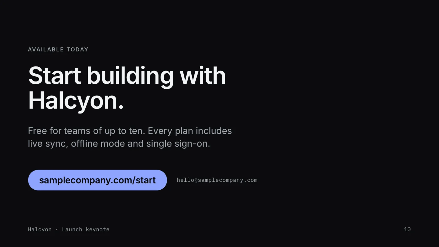 Page 10 of the exported PDF: the dark closing slide, Start building with Halcyon.