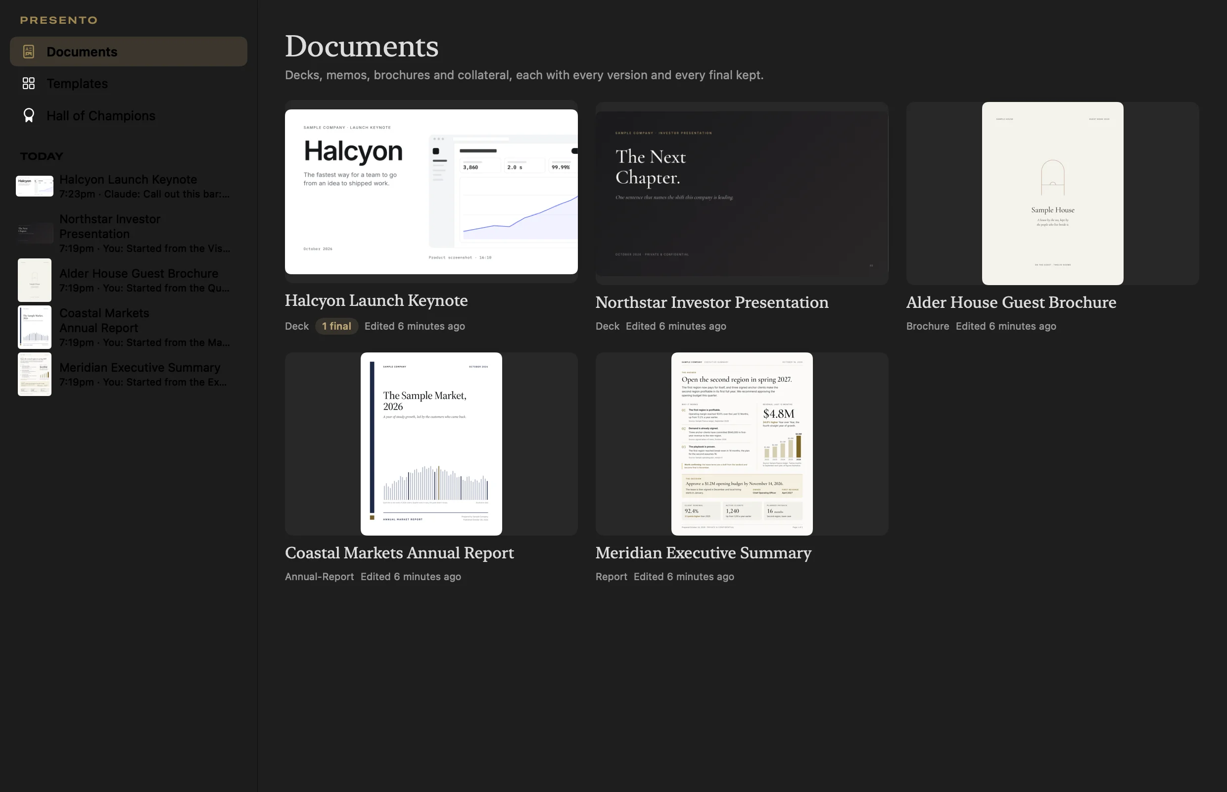 The Presento Library: five sample documents as page thumbnails, a launch keynote, an investor presentation, a guest brochure, an annual report, and an executive summary, with a sidebar history of recent changes.